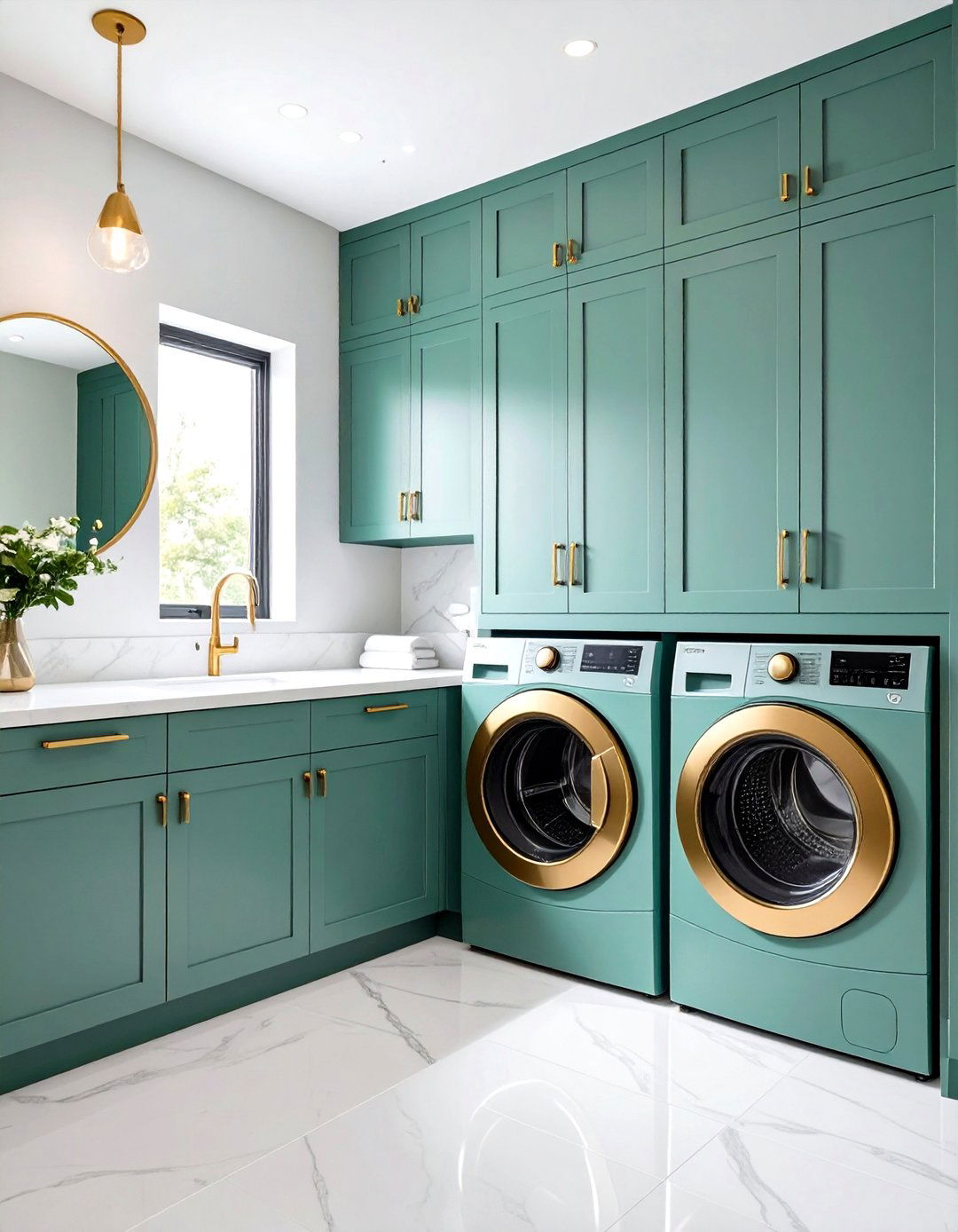 Brass Hardware Accents - 20 Sage Green Laundry Room Ideas