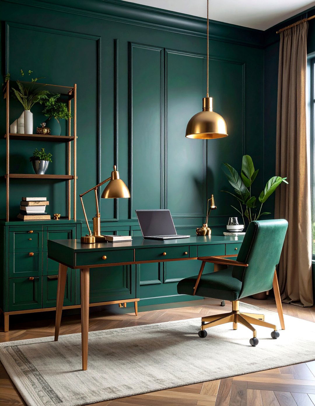 Brass Hardware and Lighting to Warm Dark Green Home Offices - 20 Dark Green Home Office Ideas
