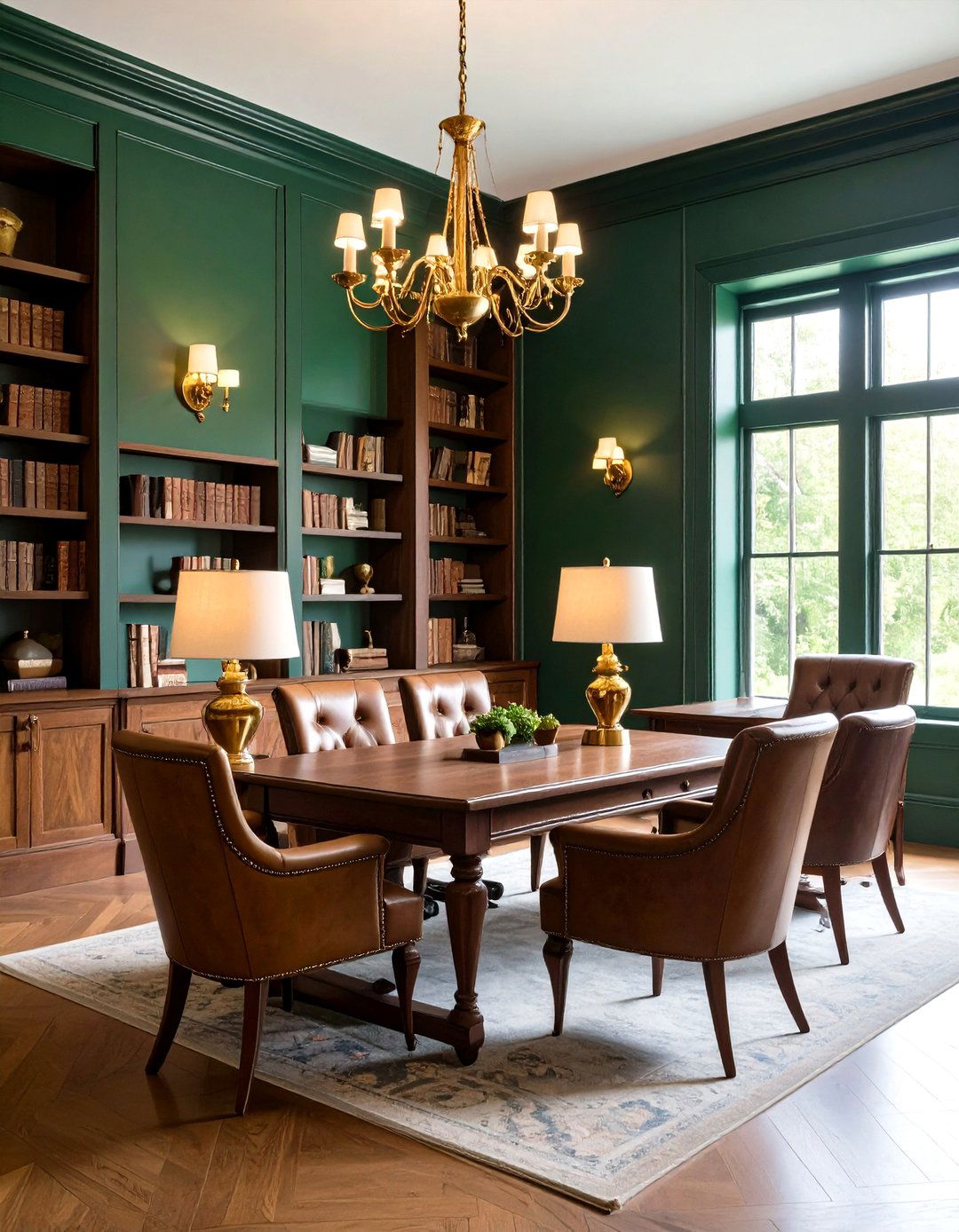 Brass Lit Dark Green Home Library Glow - 20 Dark Green Home Library Ideas and Inspiration