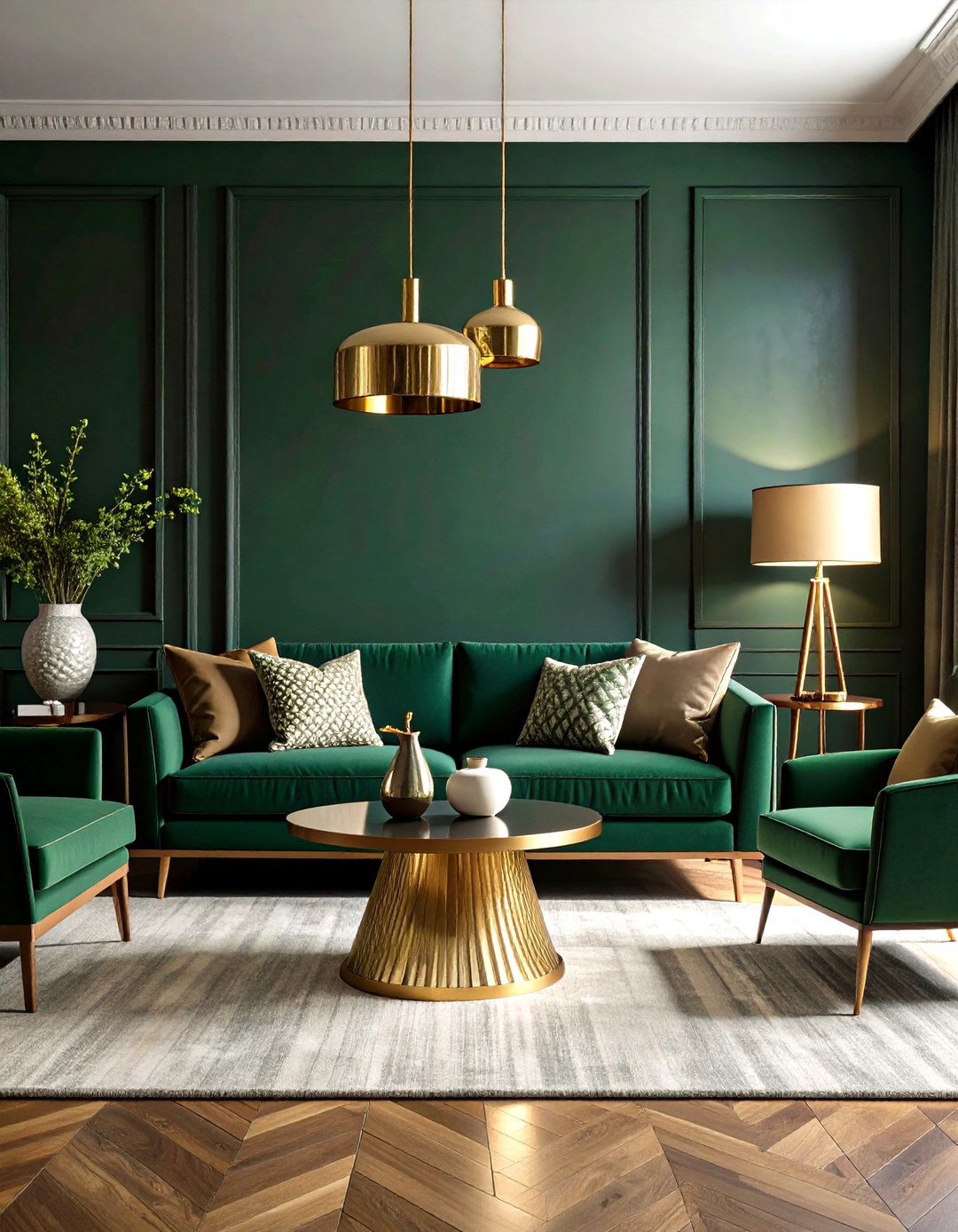 Brass and Dark Green Pairing for Quiet Glamour - 20 Dark Green Living Room Ideas