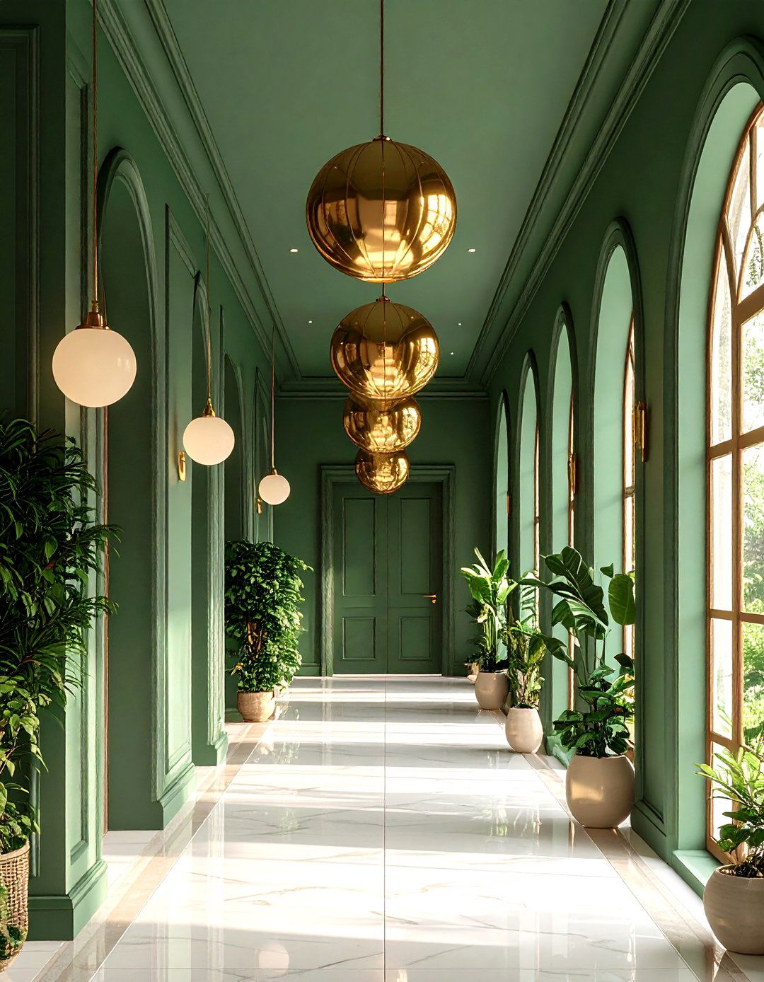 Brass and Green Hallway Lighting - 20 Green Hallway Ideas