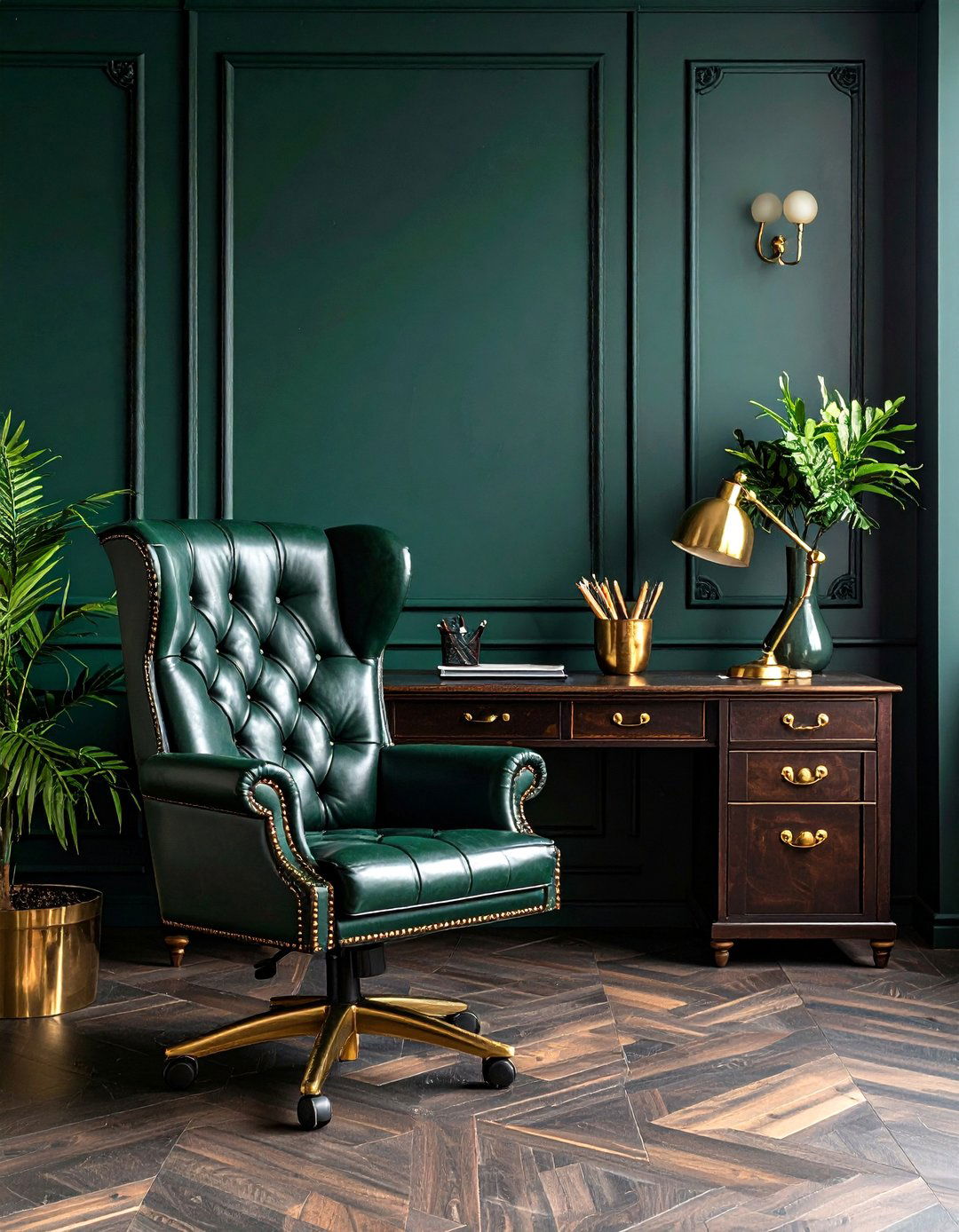Brass and Leather Highlights for Luxe Professionalism - 20 Dark Green Office Ideas and Inspiration