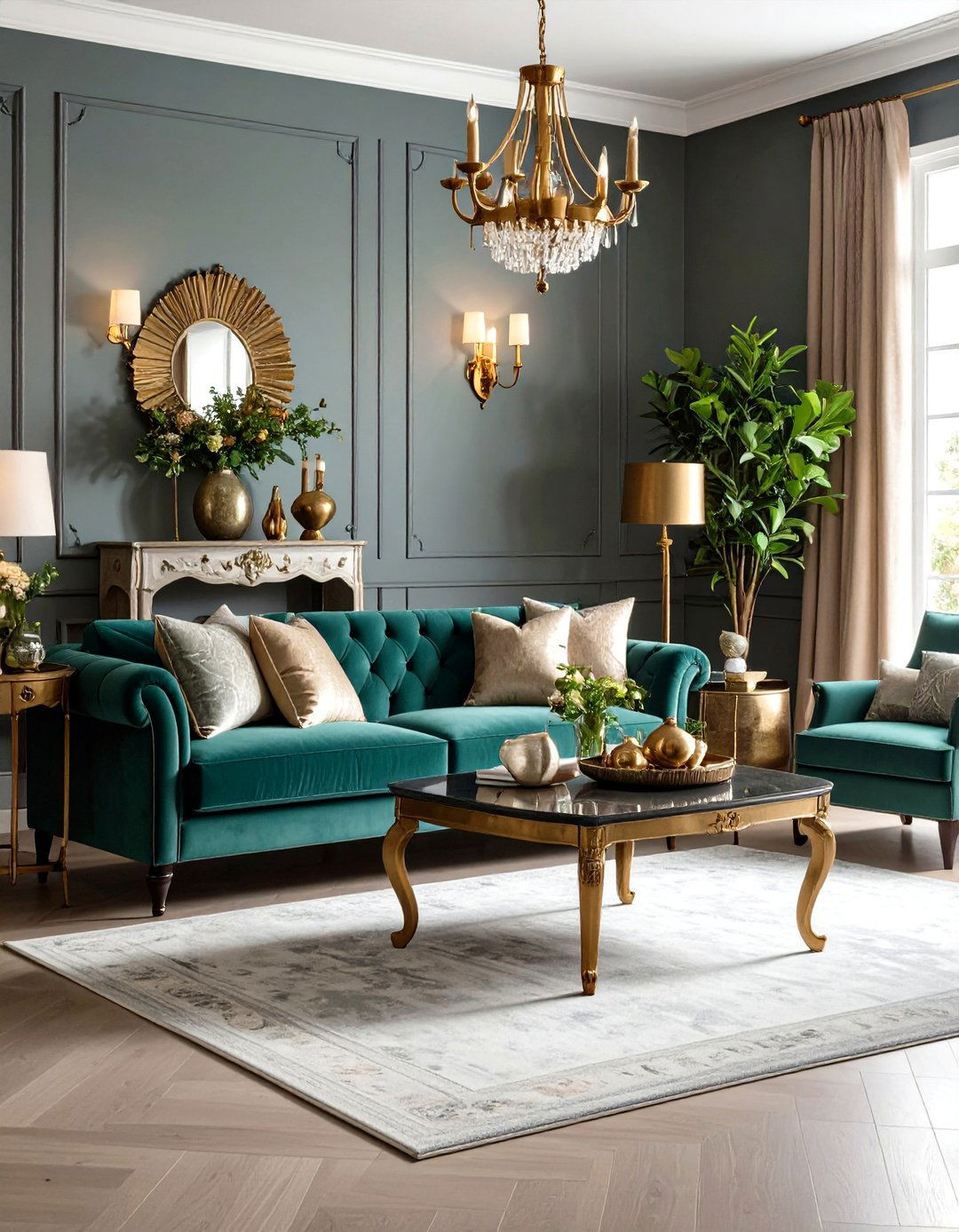 Brass and Matte Grey Metals for Warm Contrast - 20 Green and Grey Living Room Ideas