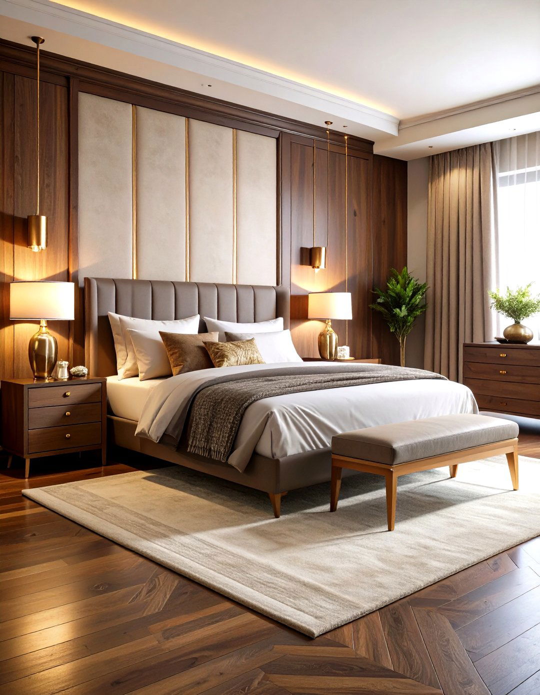 Brass and Metallic Glints Elevate a Dark Wood Bedroom - 20 Dark Wood Bedroom Ideas