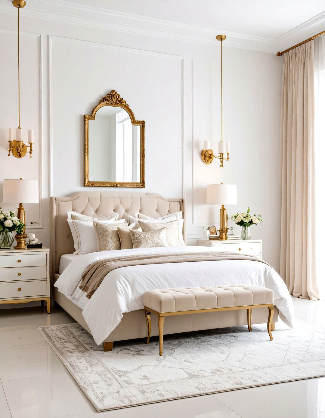 Brass and Metallic White and Cream Bedroom Accents - 20 White and Cream Bedroom Ideas