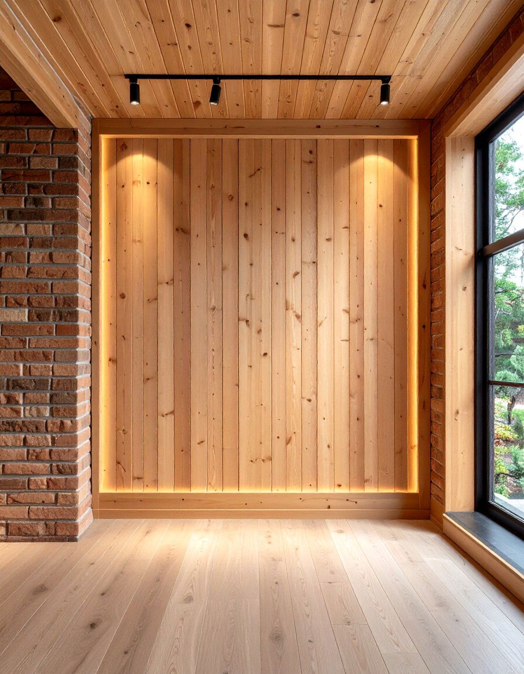Brick Accent Wall Paired with Warm Wood Paneling - 20 Brick Accent Wall Ideas