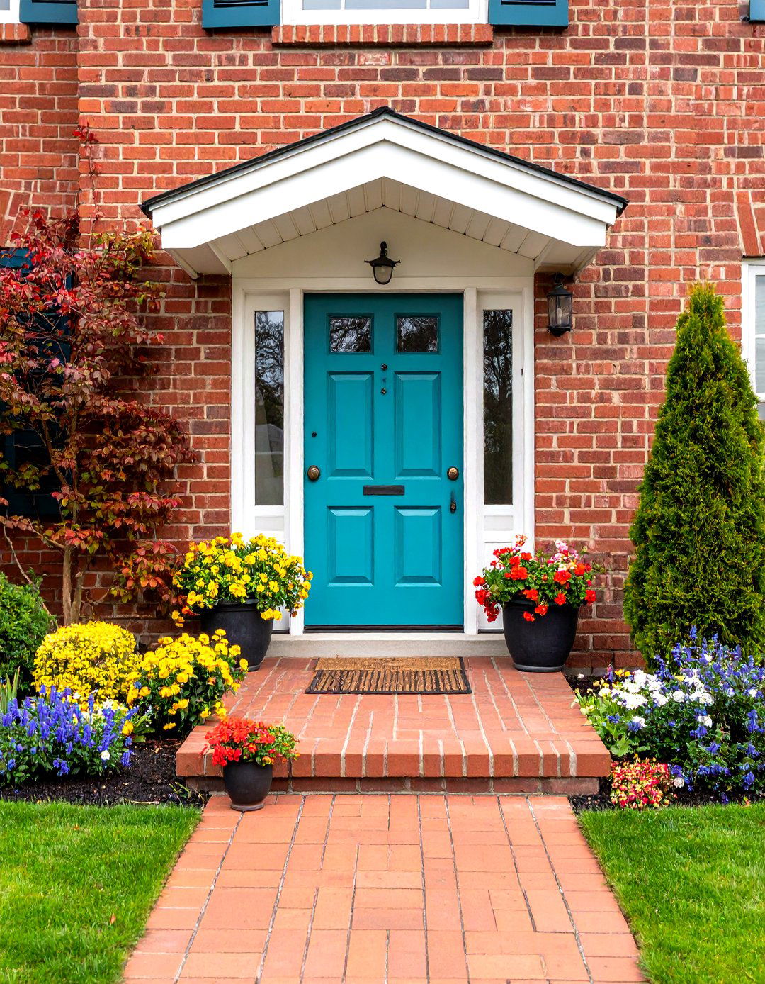 Brick Exterior Energized by Vibrant Turquoise - 20 Turquoise Front Door Ideas