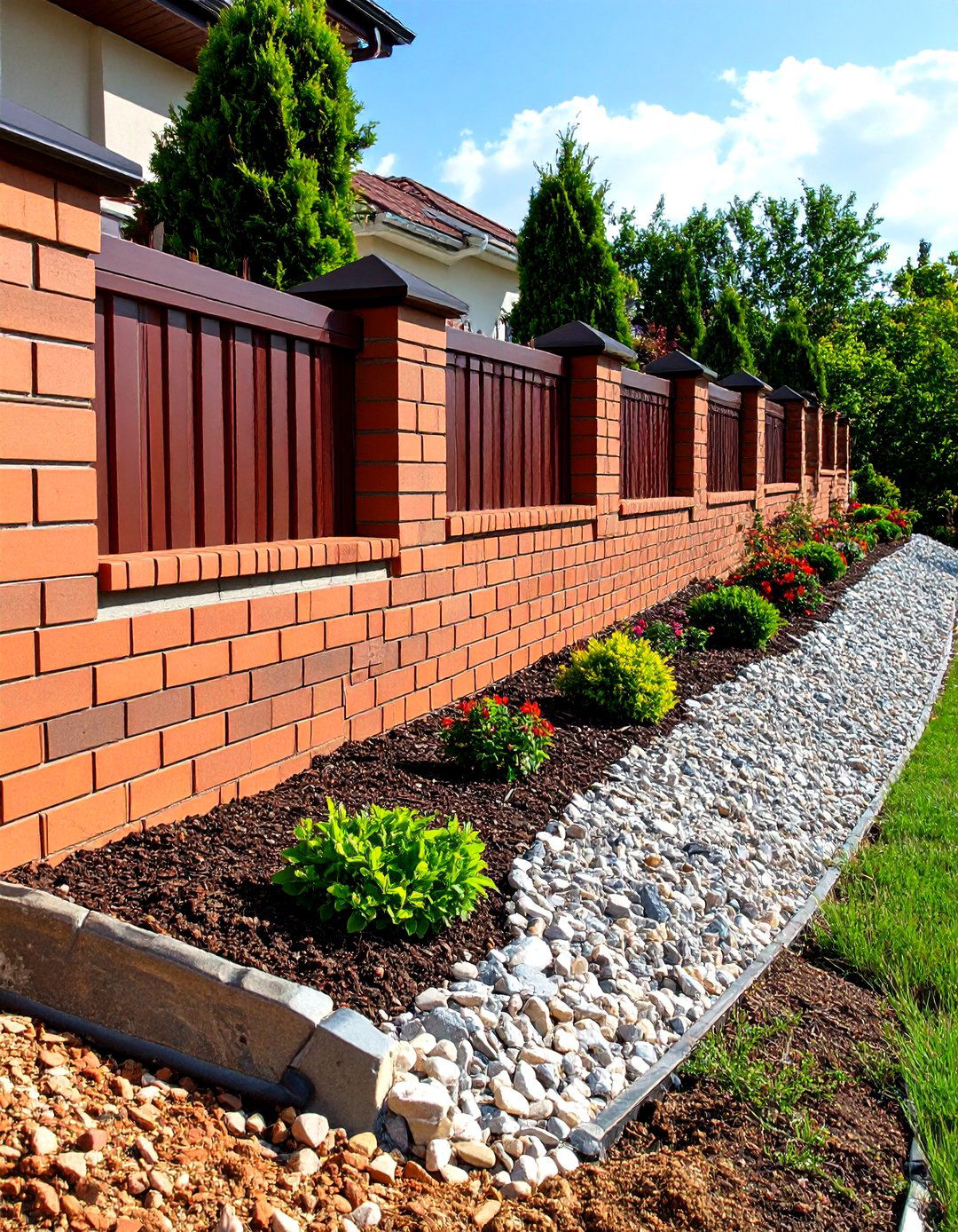 Brick Fence Doubling as Retaining Wall - 20 Front Yard Brick Fence Ideas