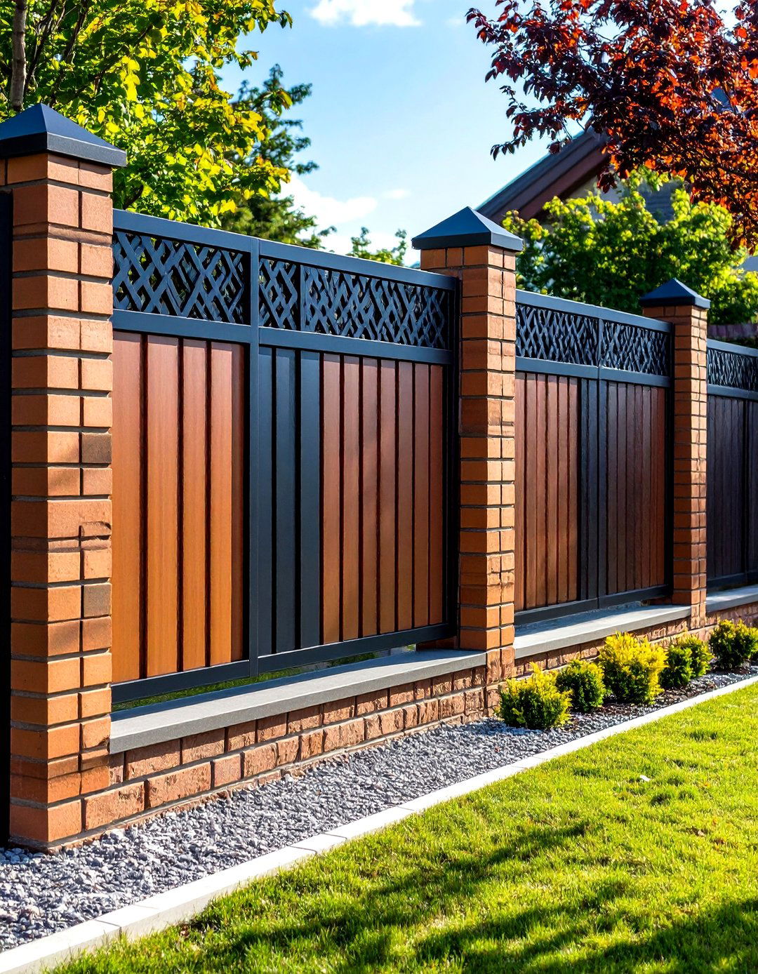 Brick Fence Topped with Decorative Metal Screens - 20 Front Yard Brick Fence Ideas