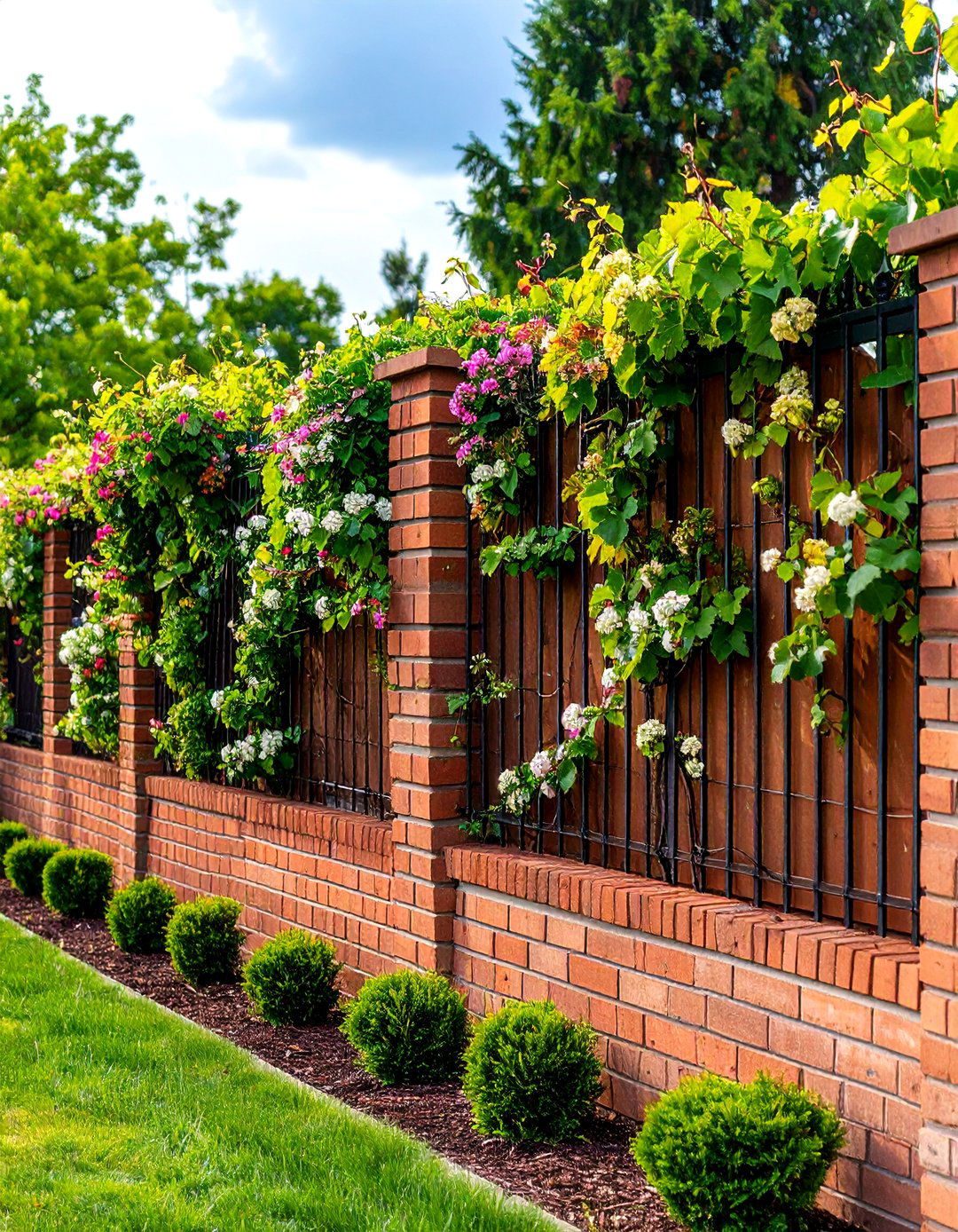 Brick Fence with Climbing Vine Support Systems - 20 Brick Fence Ideas