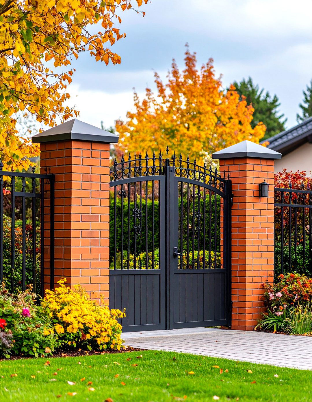 Brick Fence with Iron Gate Accents and Pillars - 20 Brick Fence Ideas