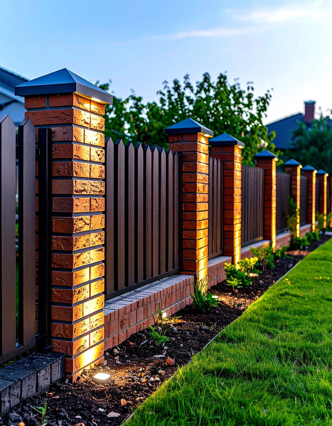 Brick Fence with LED Capstone Lighting - 20 Front Yard Brick Fence Ideas