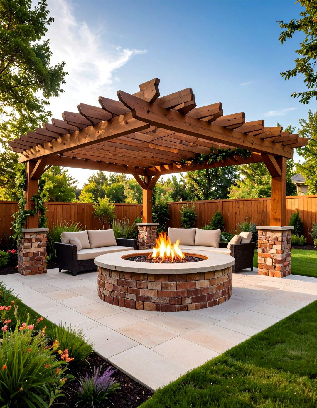 Brick Fire Pit with Pergola Cover - 20 Brick Fire Pit Ideas