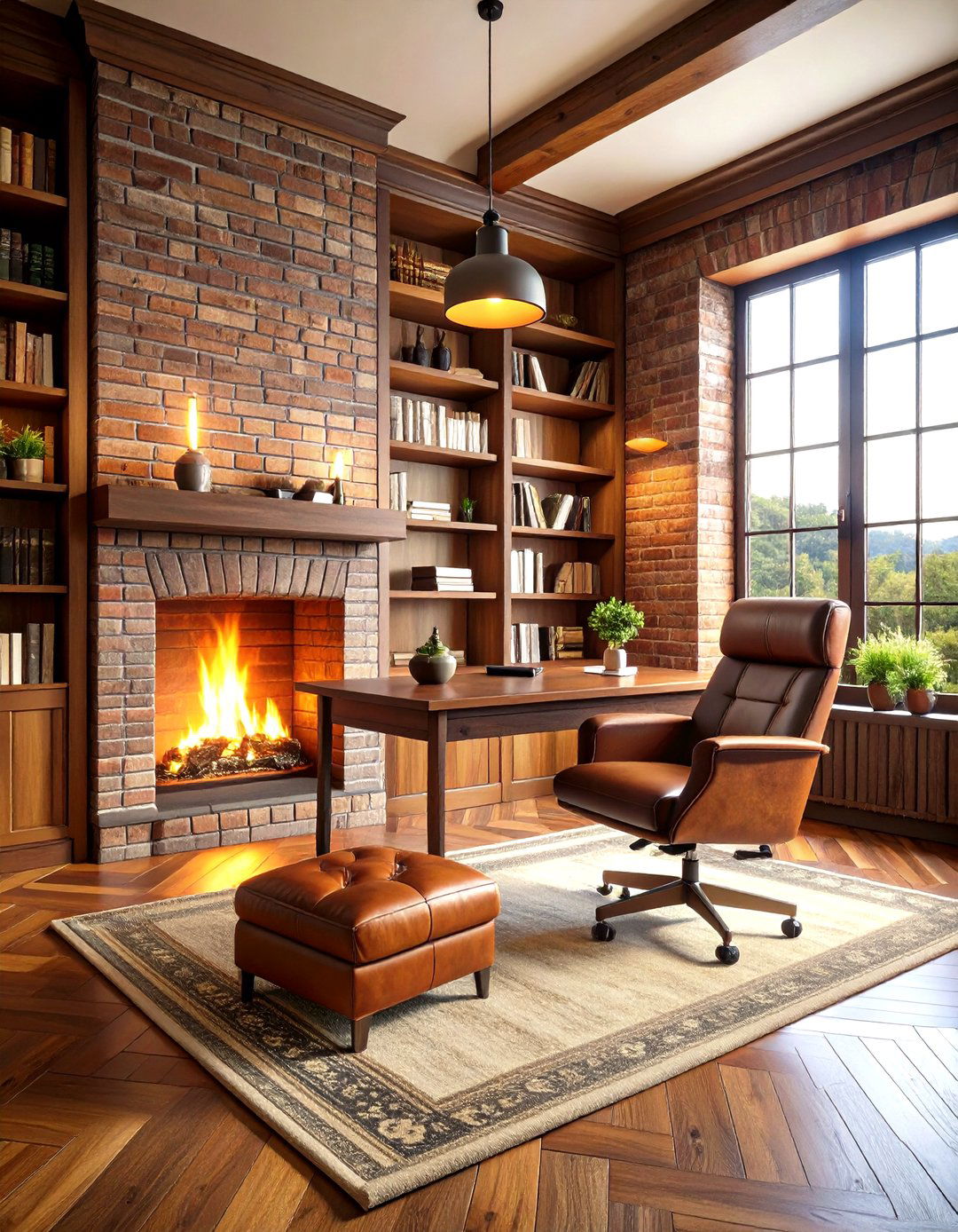 Brick Fireplace Library Corner for Home Office - 20 Home Office With Fireplace Ideas