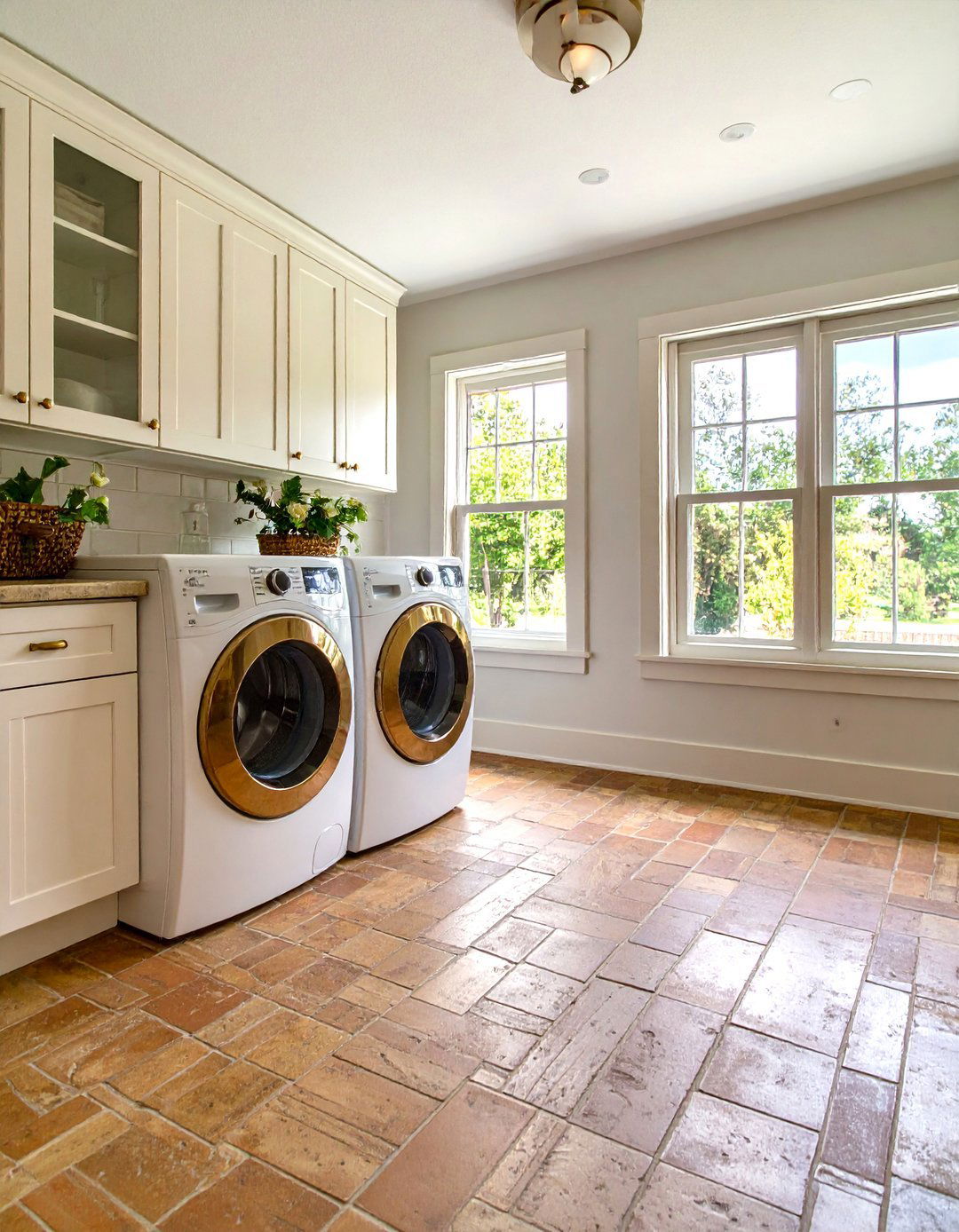 Brick Floor Laundry Room with White Cabinets - 20 Brick Floor Laundry Room Ideas