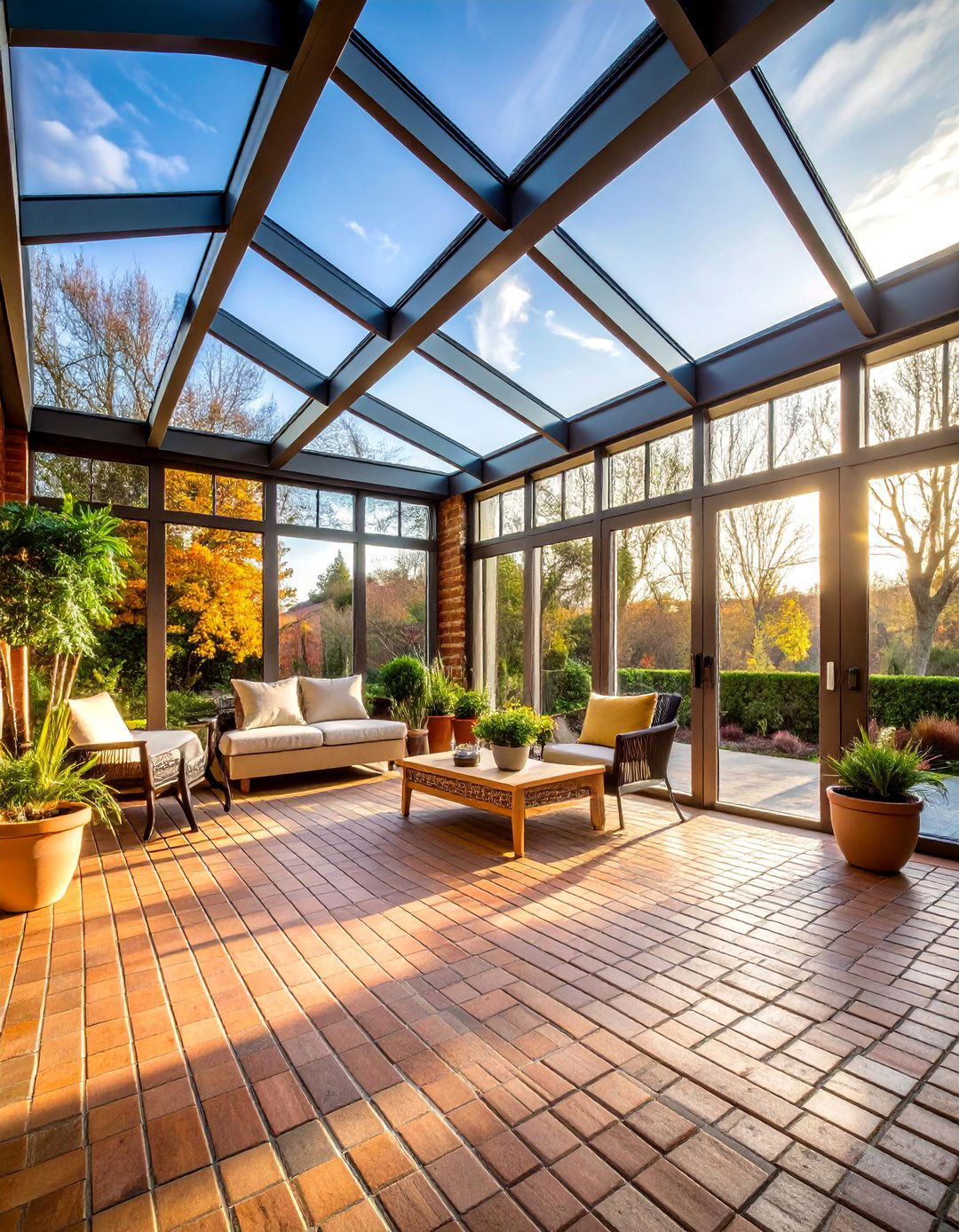 Brick Floor Sunroom with Glass Ceiling - 20 Brick Floor Sunroom Ideas