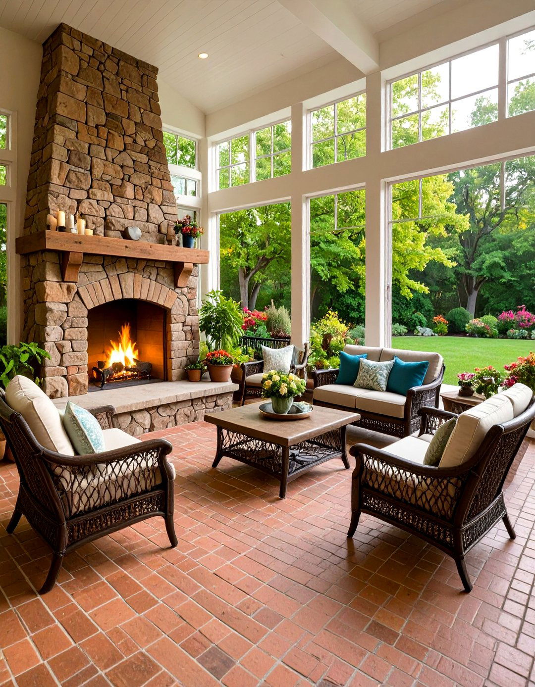 Brick Floor Sunroom with Stone Fireplace - 20 Brick Floor Sunroom Ideas