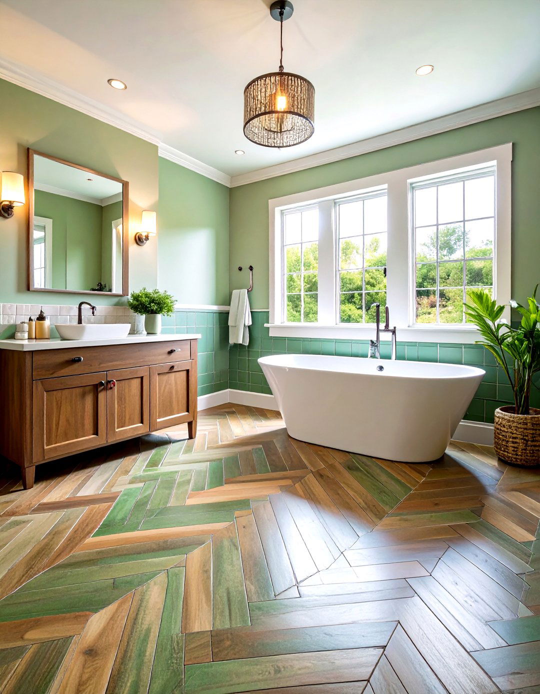 Brick Format Green Tile Herringbone Floor - 20 Green Bathroom Tile Ideas
