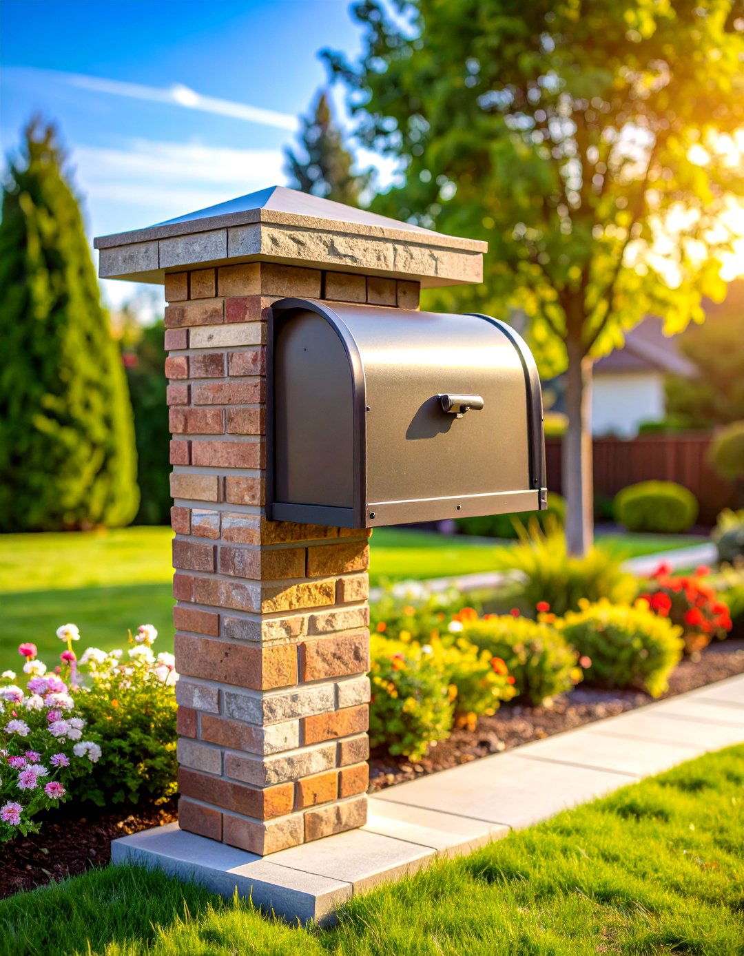 Brick Mailbox with Flat Top and Stone Capstone - 20 Brick Mailbox Ideas