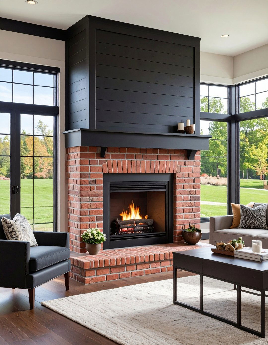Brick Meets Black Shiplap Fireplace Hybrid - 20 Black Shiplap Fireplace Ideas