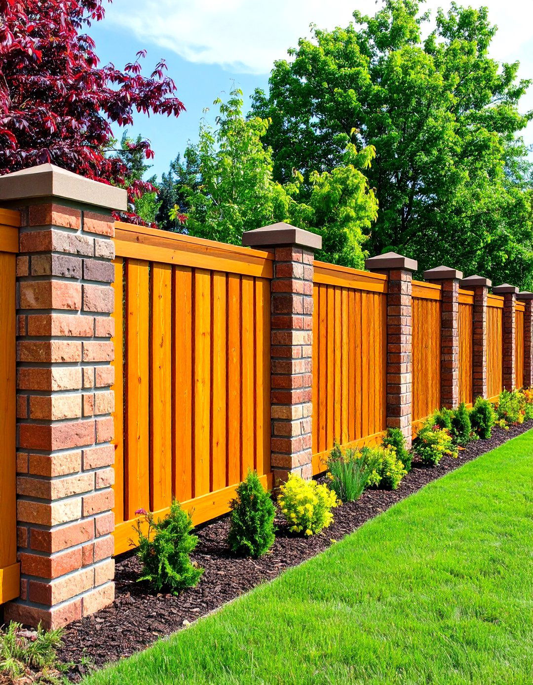 Brick Piers with Horizontal Wood Slats - 20 Front Yard Brick Fence Ideas