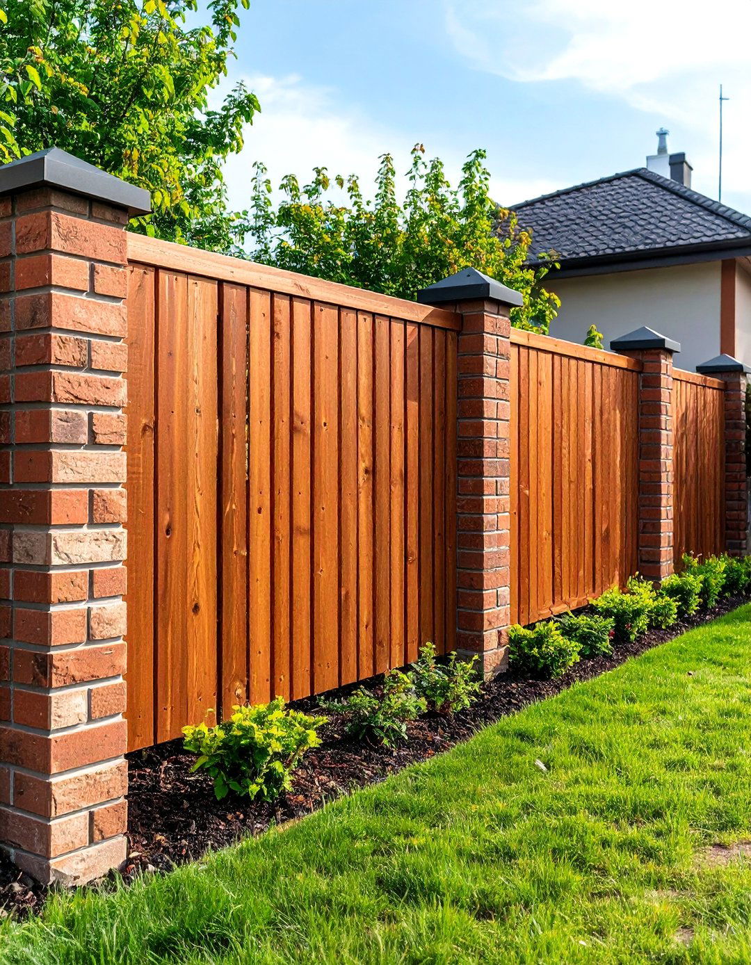 Brick Pillar Fence with Wood Panel Infill - 20 Brick Fence Ideas