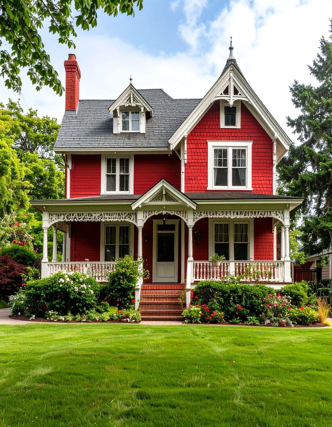 Brick Red Victorian House Exterior with White Gingerbread - 20 Dark Red House Exterior Ideas