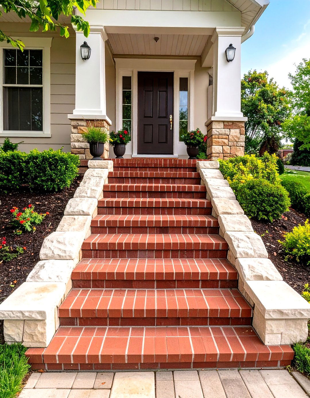 Brick Steps with Natural Stone Borders - 20 Brick Front Steps Design Ideas