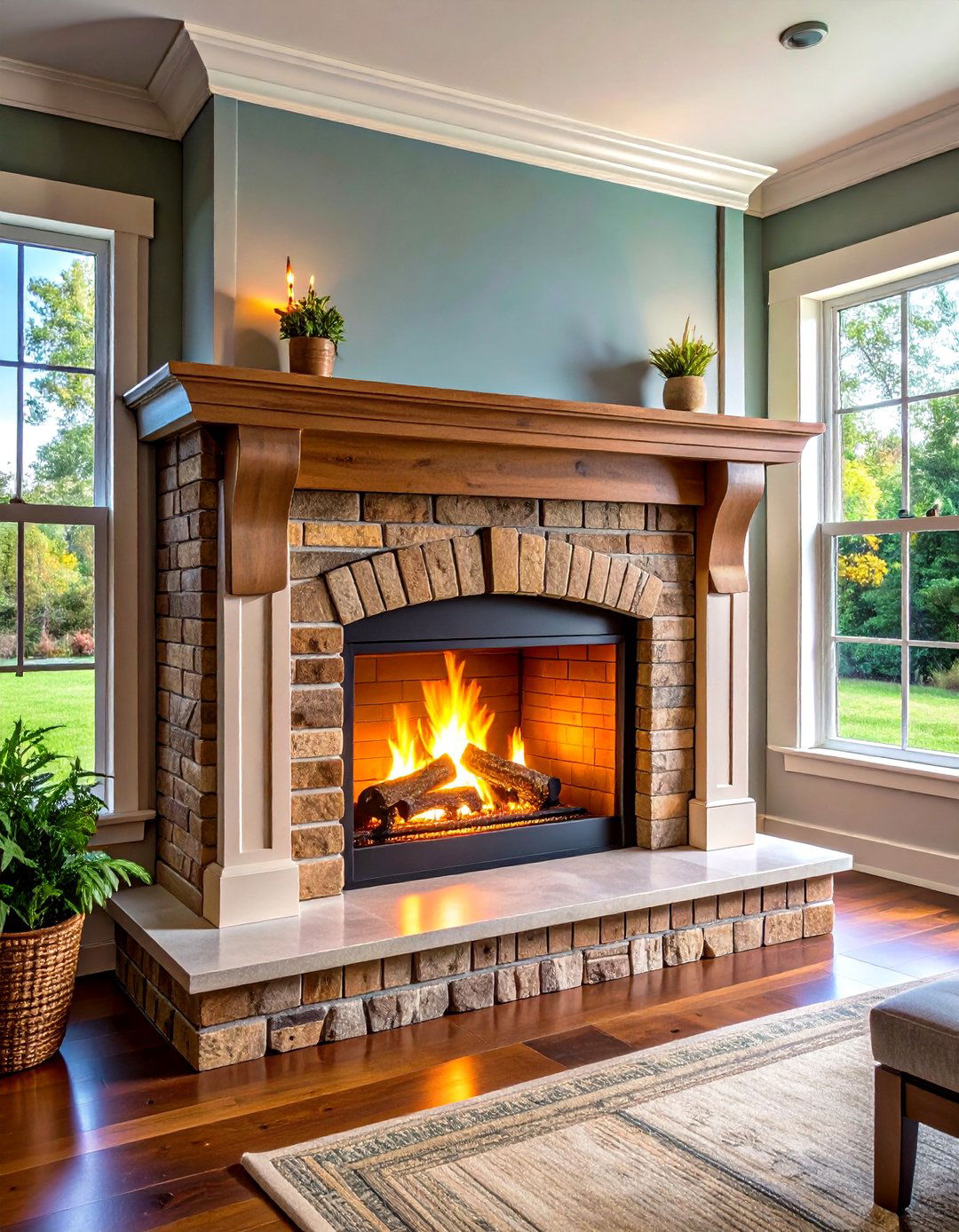 Brick Veneer and Shiplap Cottage Faux Fireplace - 20 Faux Fireplace Ideas
