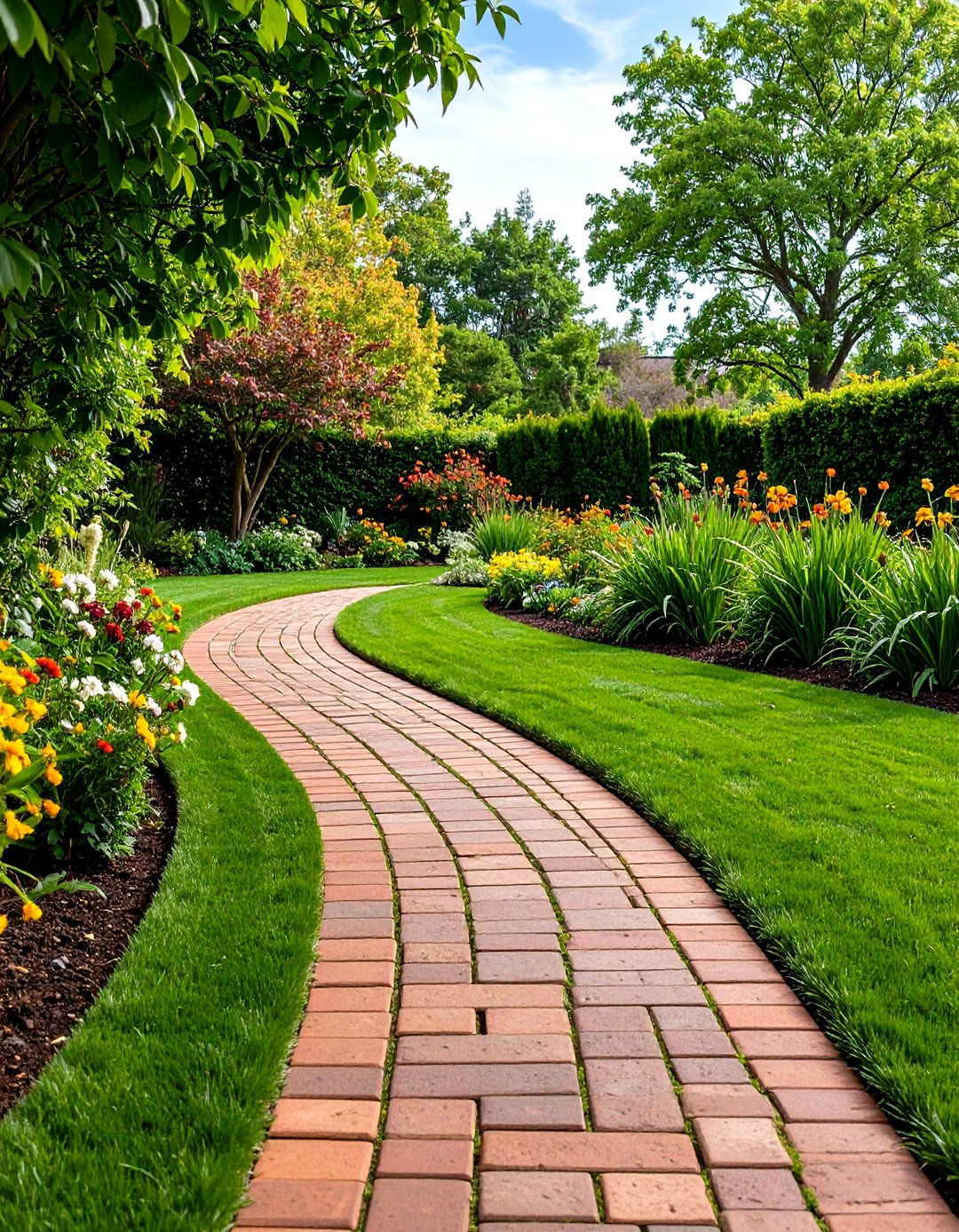 Brick and Grass Ribbon Curved Walkway for Historic Warmth - 20 Curved Walkway Ideas