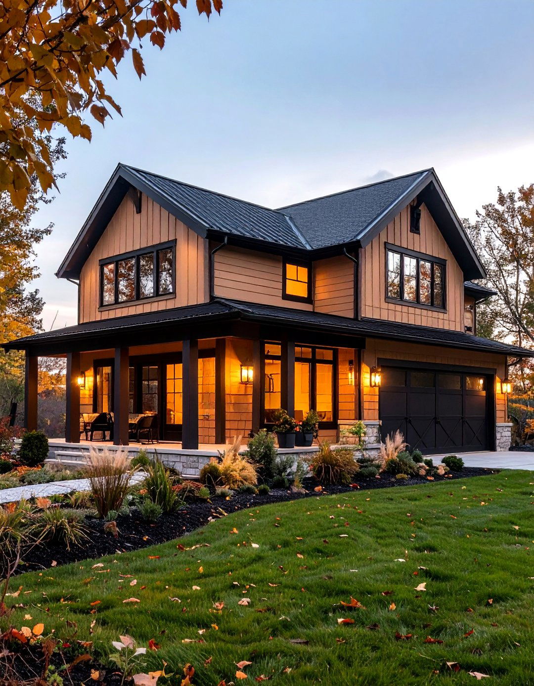 Brick and Stone Base with Tan Veneer and Black Fascia - 20 Tan House With Black Trim Design Ideas