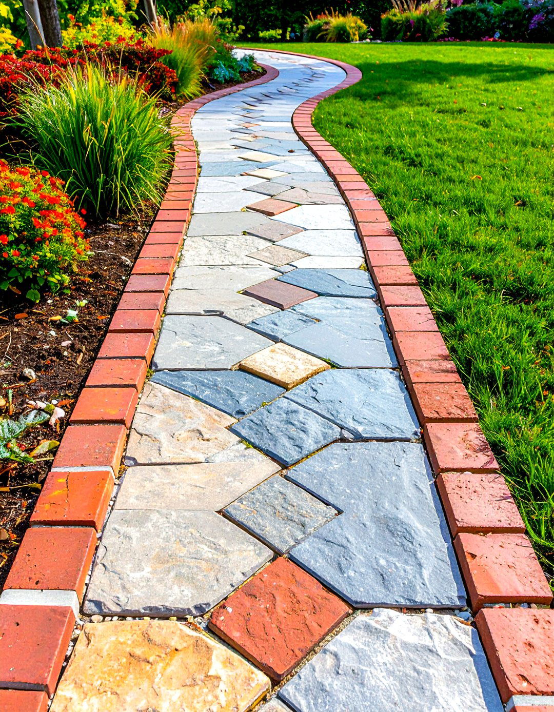 Brick and Stone Border Path - 20 Stone Walkway Ideas