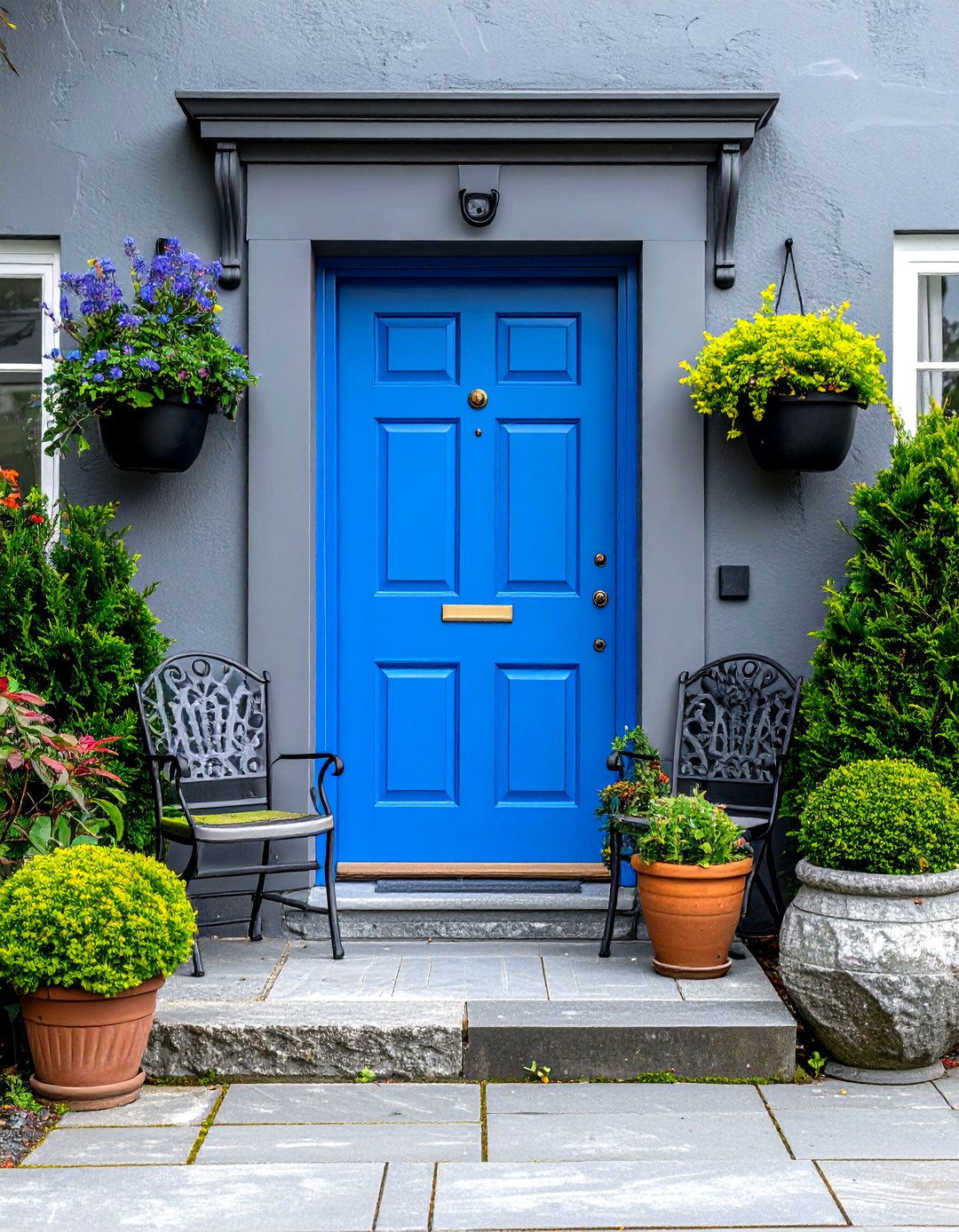 Bright Blue Door with Planter Accents on Grey House - 20 Grey House With Blue Door Ideas