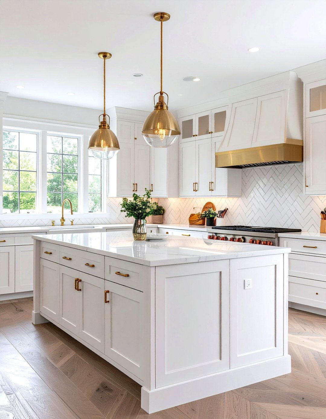Bright White Farmhouse Kitchen with Herringbone Tile Pattern - 20 White Farmhouse Kitchen Ideas