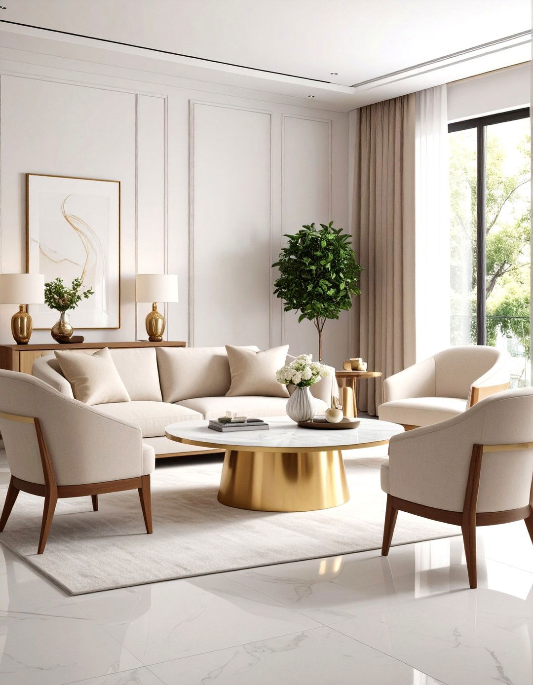 Bring Warmth With Brass Edged Furniture - 20 Cream and Gold Living Room Ideas