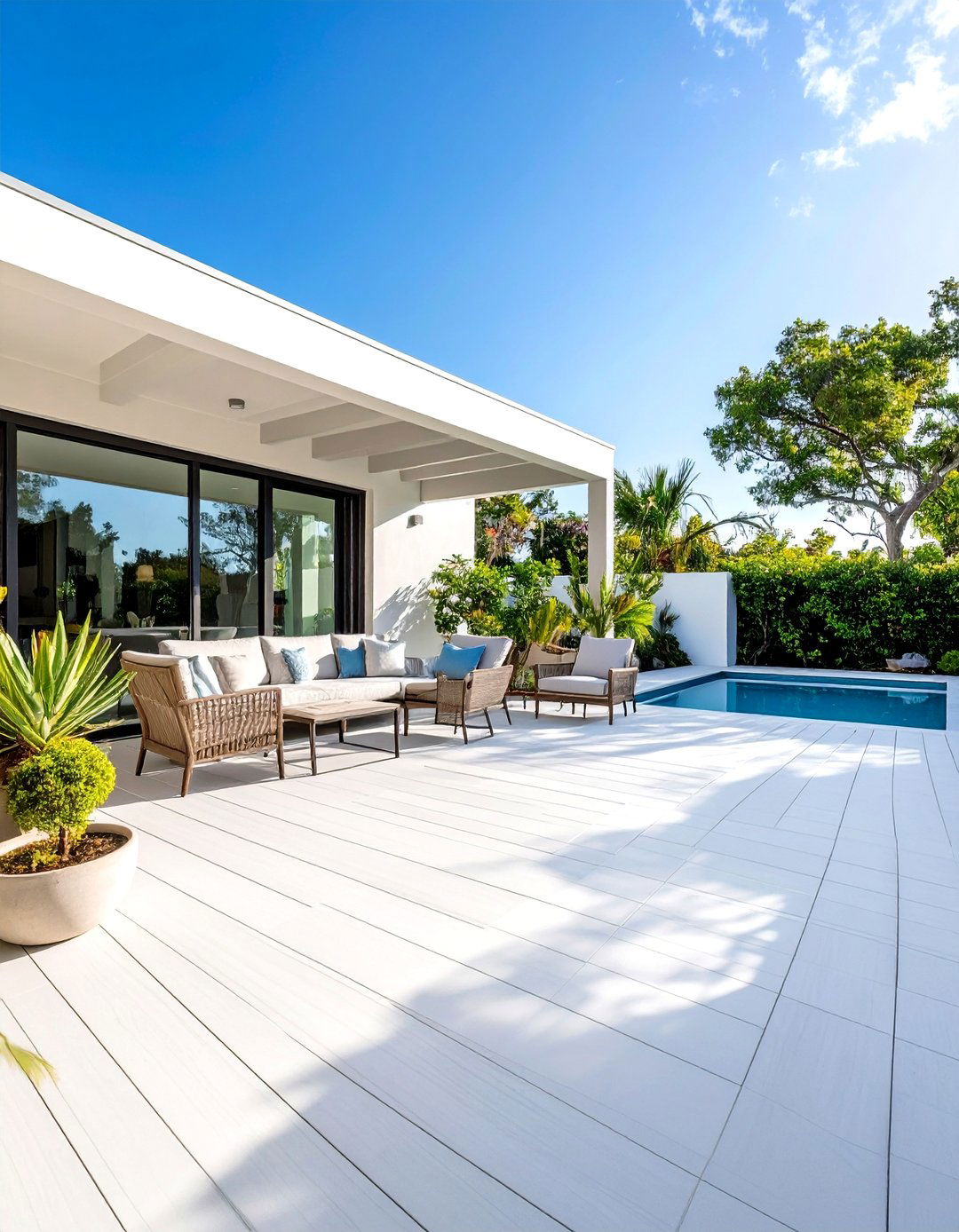 Broom Finish Border with Stamped Center - 20 Stamped Concrete Pool Deck Ideas