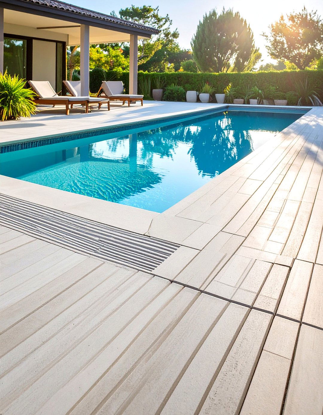 Broom Finished Concrete Pool Deck with Simple Texture - 20 Concrete Pool Deck Ideas