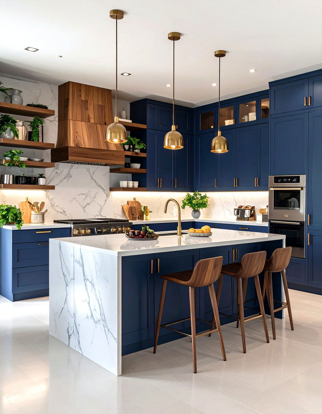 Brown Cabinets with Bold Navy Island - 20 Brown Kitchen Cabinets Ideas