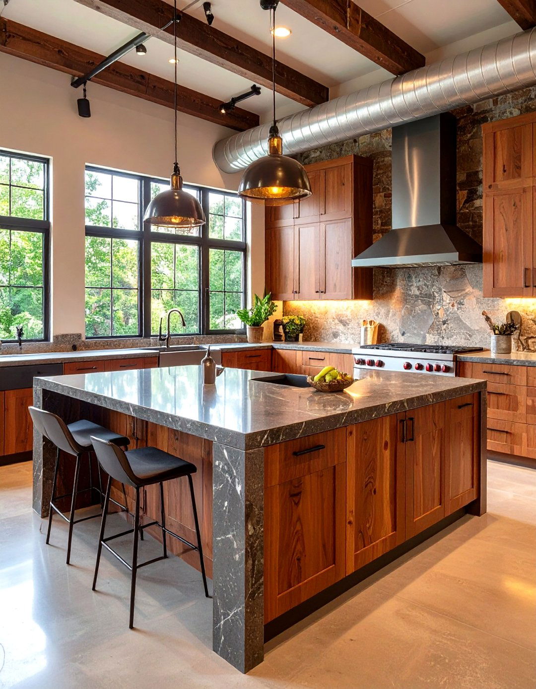 Brown Concrete and Wood Industrial Loft Kitchen - 20 Brown Kitchen Ideas