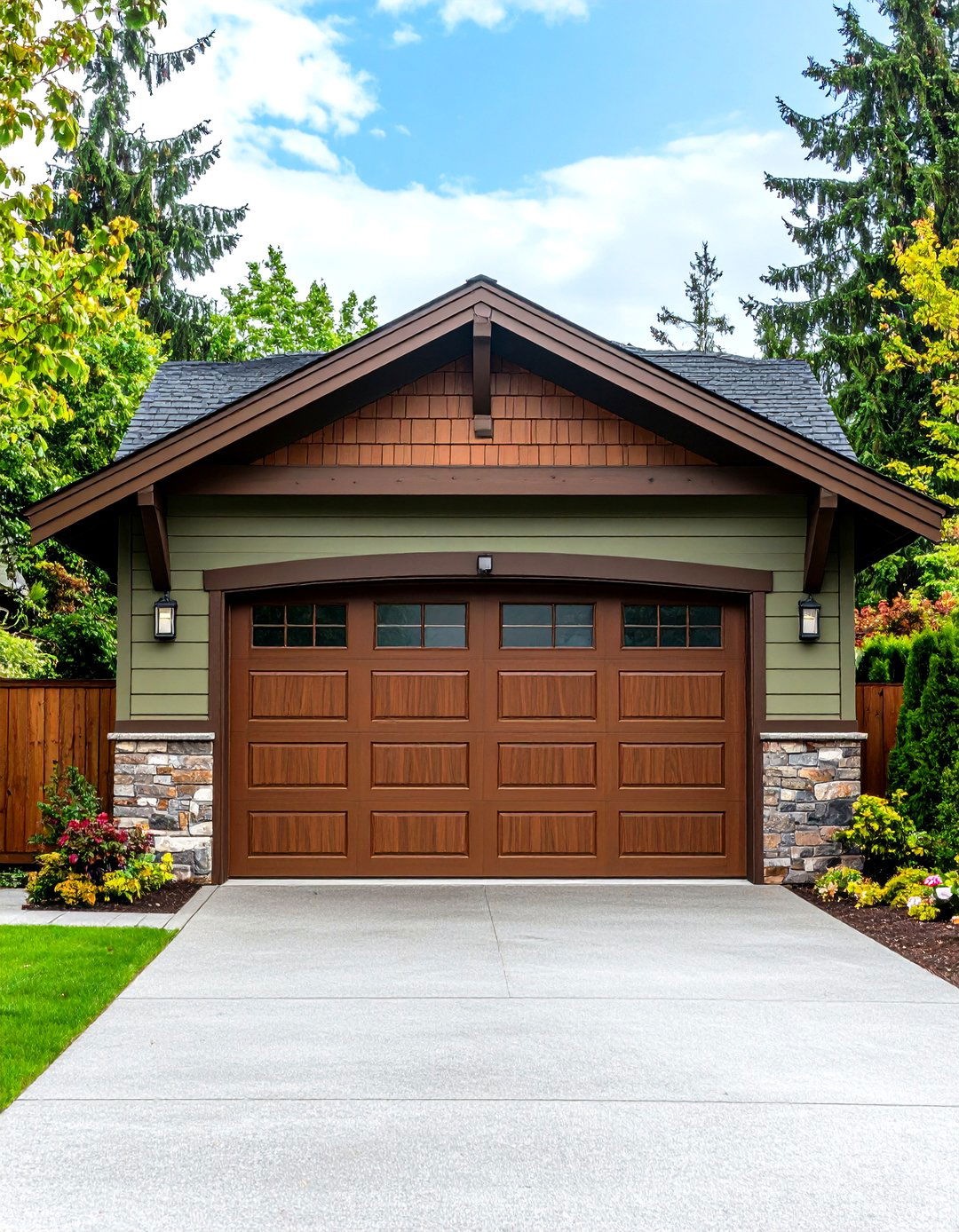 Brown Garage Door as Focal Point - 20 Sage Green House With Brown Trim Ideas