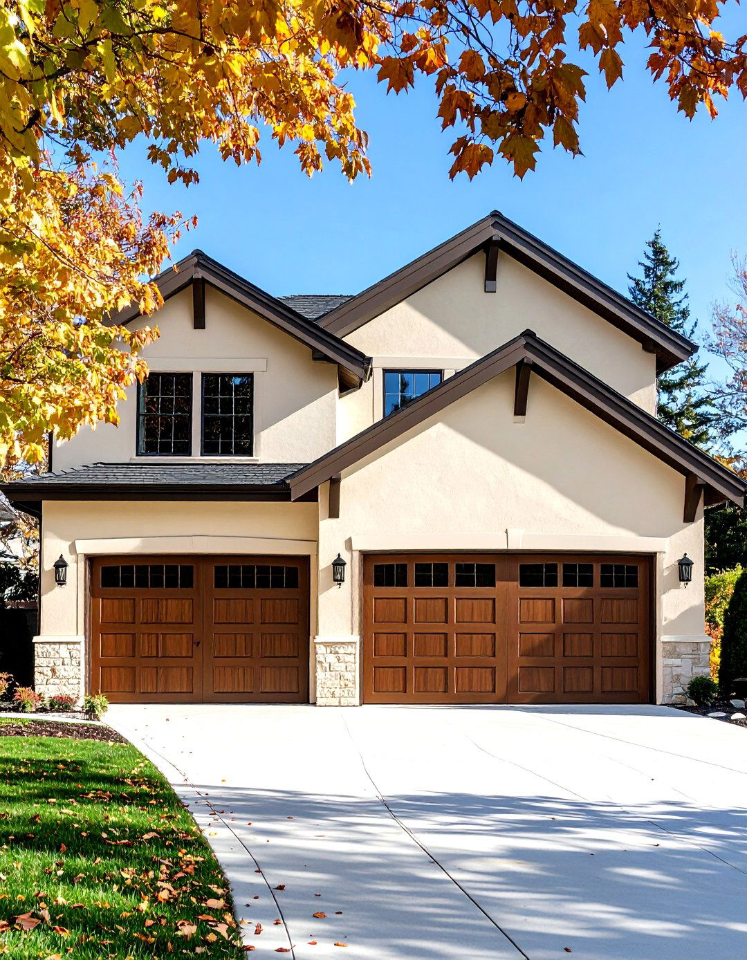 Brown Garage Doors on a Cream Stucco House Exterior - 20 Cream and Brown House Exterior Ideas