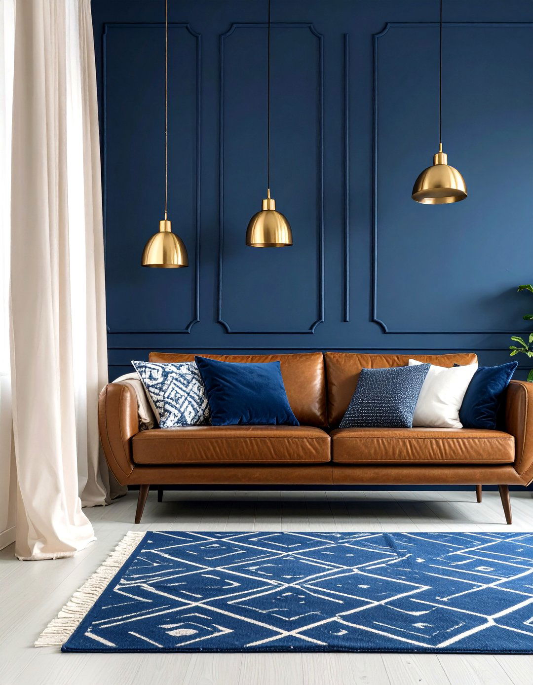 Brown Living Room with Navy Blue and Cognac Palette - 20 Brown Living Room Ideas