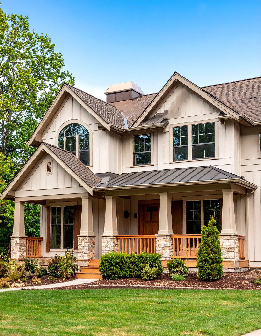 Brown Shingle Gables on a Cream Board and Batten House Exterior - 20 Cream and Brown House Exterior Ideas