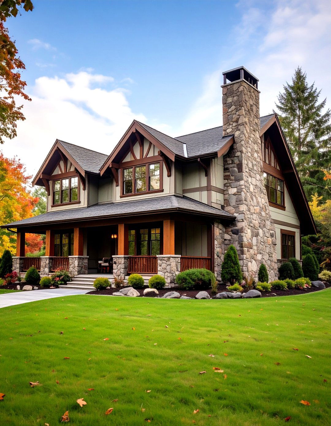 Brown Stone Chimney Accents - 20 Sage Green House With Brown Trim Ideas