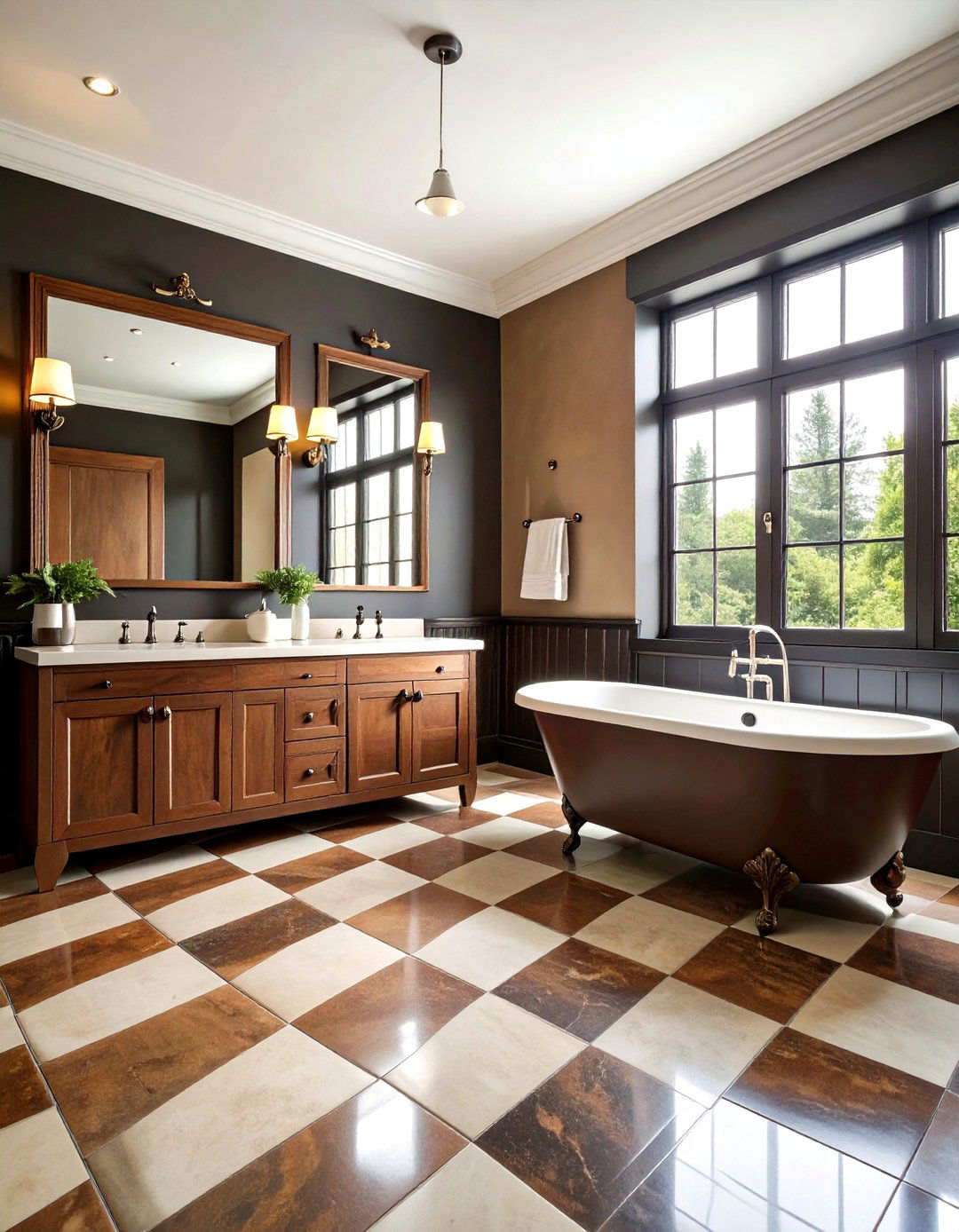 Brown and Black Bathroom with Checkered Floor Pattern - 20 brown and black bathroom ideas