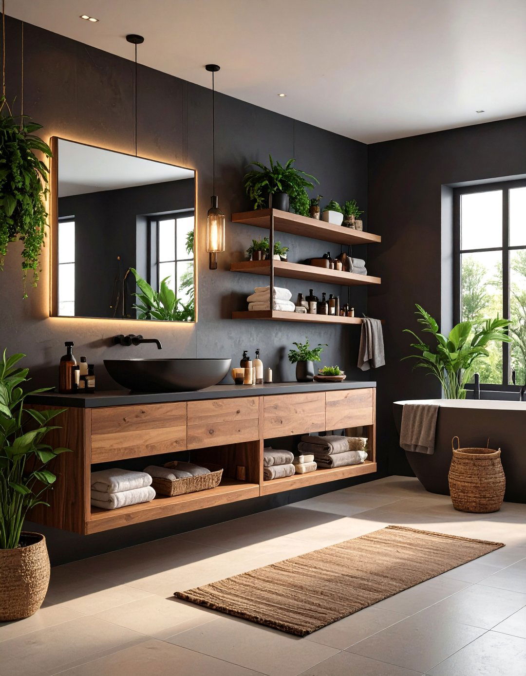 Brown and Black Bathroom with Floating Shelves and Open Storage Solutions - 20 brown and black bathroom ideas