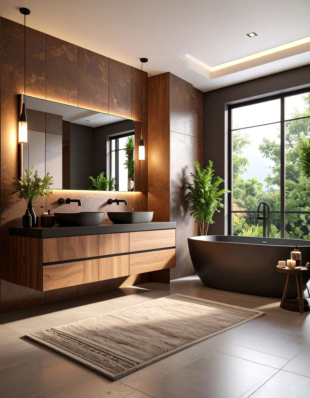 Brown and Black Bathroom with Floating Vanity and Dramatic Lighting - 20 brown and black bathroom ideas