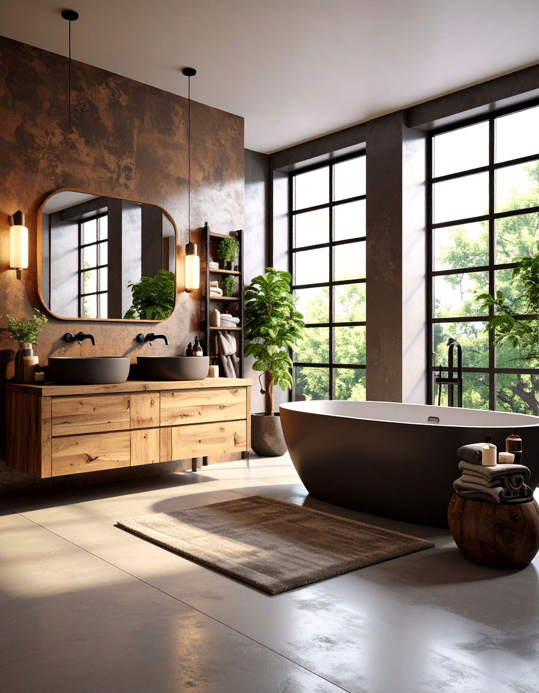 Brown and Black Bathroom with Industrial Concrete and Wood Elements - 20 brown and black bathroom ideas