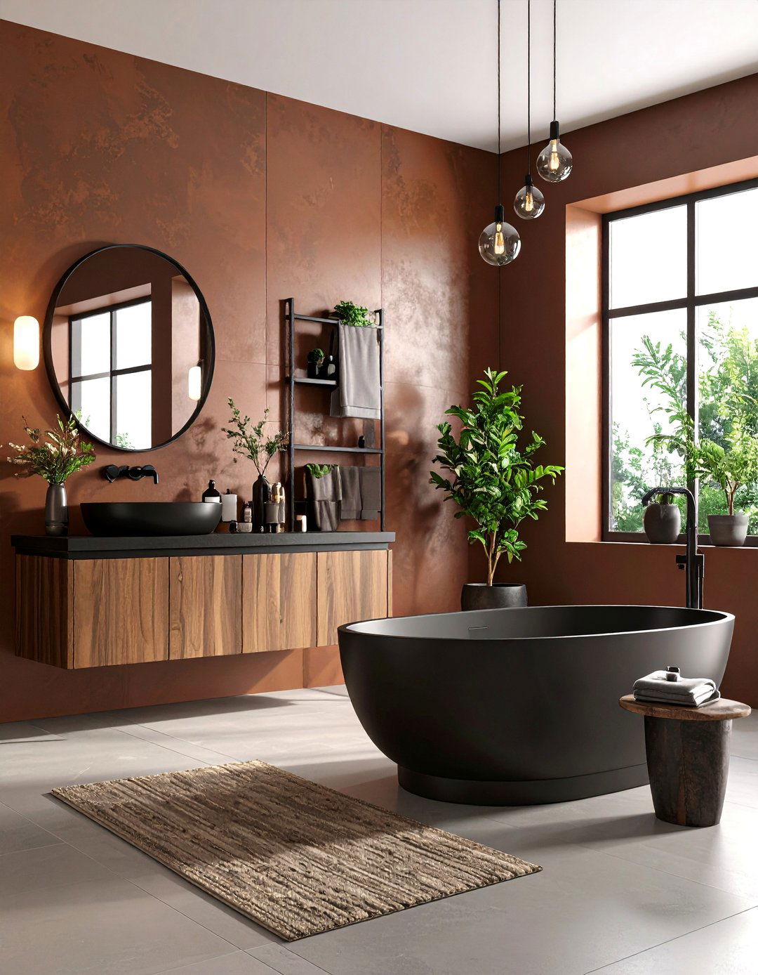 Brown and Black Bathroom with Leather Textured Walls and Metal Accents - 20 brown and black bathroom ideas