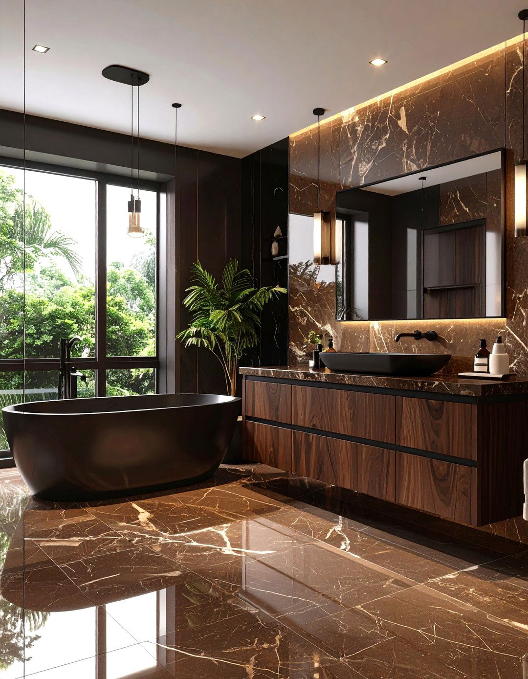 Brown and Black Bathroom with Marble Veining and Dark Wood Cabinetry - 20 brown and black bathroom ideas